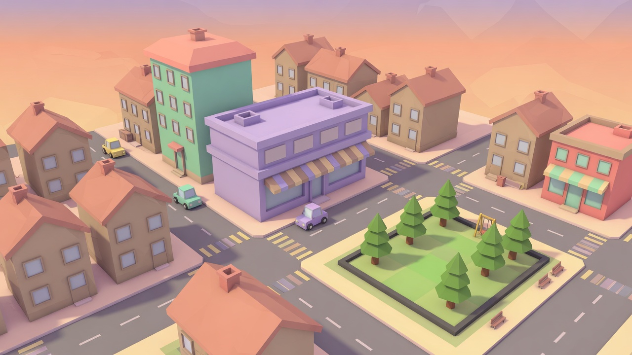 Low-poly city blocks, small cars, and a park at sunset