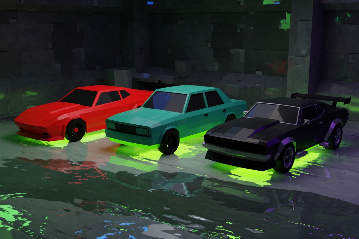 Three low-poly cars under green light in a garage